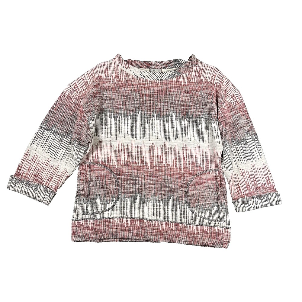 ANTHROPOLOGIE Postal Stamp Sweater Women Size M 3/4 Sleeve Cuffed Blk Red White - Picture 2 of 11